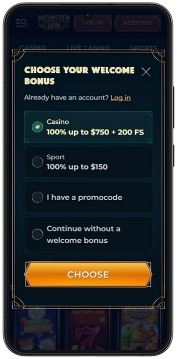 Select welcome bonus Monsterwin